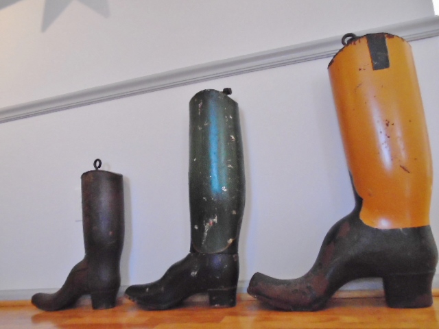 3 WOOD CARVED BOOTS IN OLD PAINT